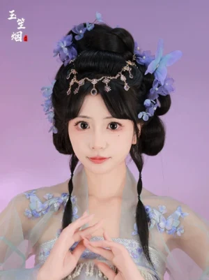 Purple floral Hanfu hair pin accessories styled with butterfly details and gold-tone forehead chain on traditional Chinese hairstyle