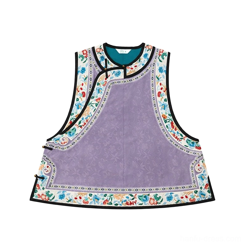 Purple floral jacquard sleeveless vest with embroidered trim and dark green lining Qing-inspired Hanfu clothing
