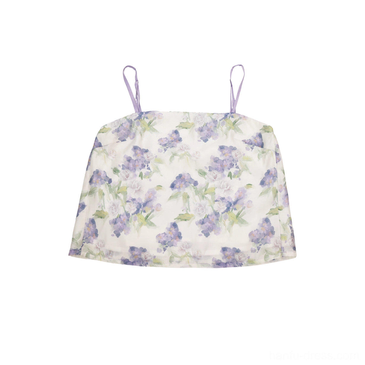 Purple and light green floral print Hanfu camisole with slender straps flat lay product view