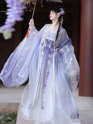 Purple gradient Tang Dynasty Heziqun Hanfu dress with wide sheer sleeves, floral embroidery, flowing skirt, and tasseled Chinese paper umbrella in a wisteria courtyard