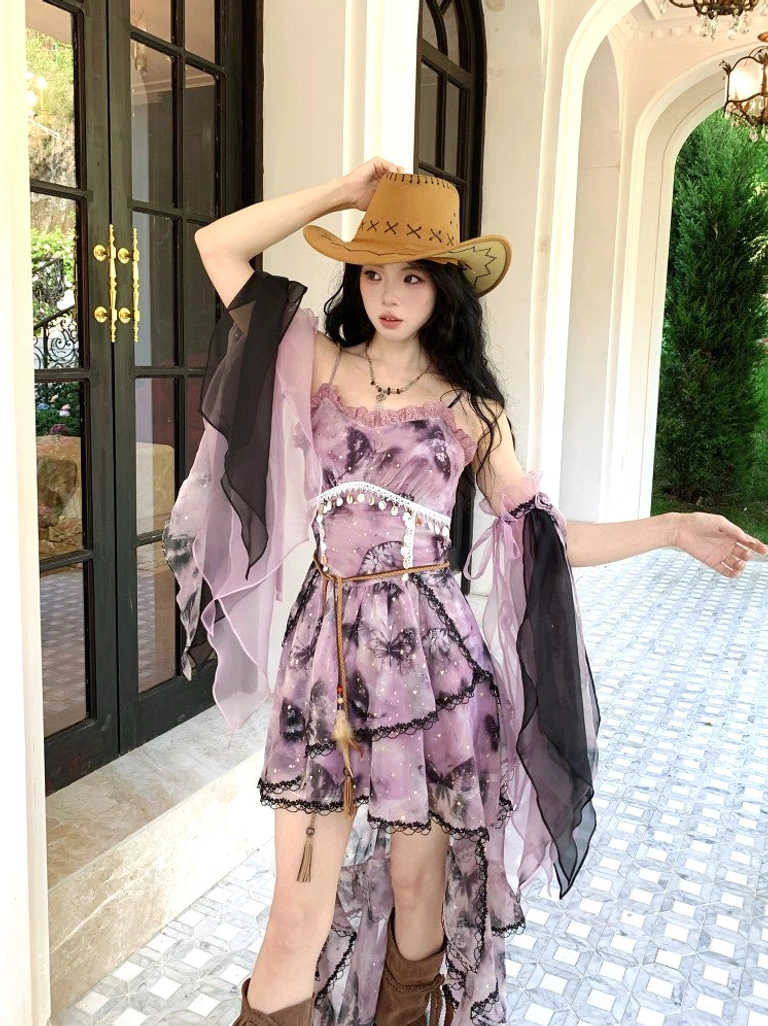 Short purple ink-wash modern Hanfu slip dress with layered ruffled skirt, contrasting black sheer sleeves, tassel waist accessory, and fairy-inspired styling