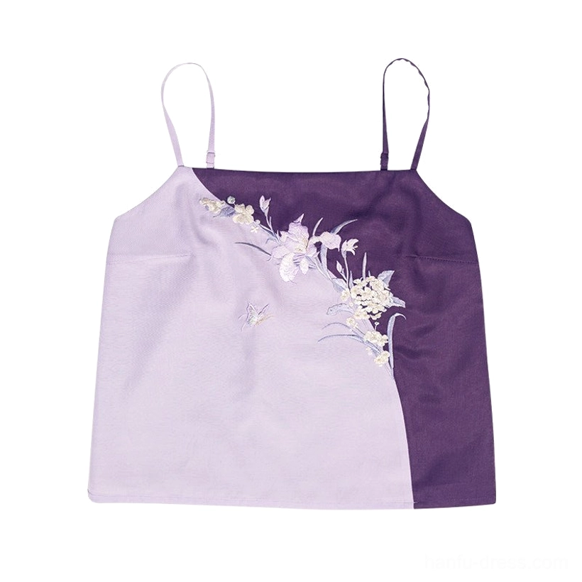 Purple embroidered Hanfu camisole with adjustable spaghetti straps, white iris floral embroidery and two-tone violet fabric
