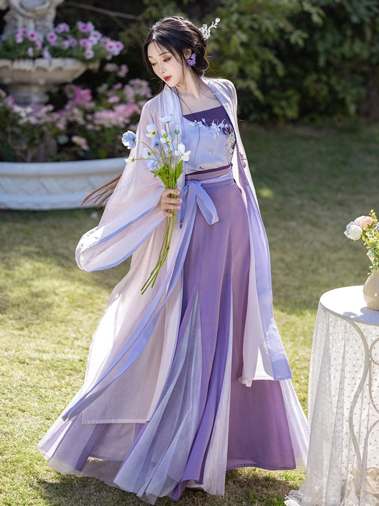 Walking view of purple iris fairy Hanfu full set featuring a lightweight long cardigan and layered Song style wrap skirt