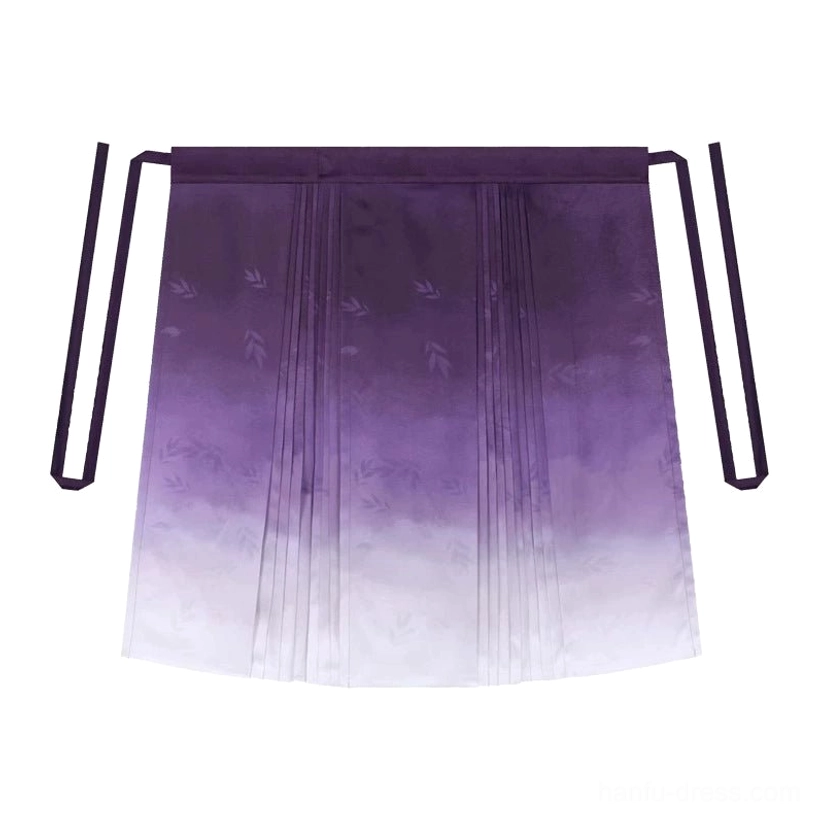 Flat lay of purple to off-white ombre pleated mamianqun skirt with waist ties and delicate leaf jacquard pattern