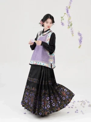 Purple jacquard Qing-inspired Hanfu vest with black embroidered mamianqun horse face skirt full set front view