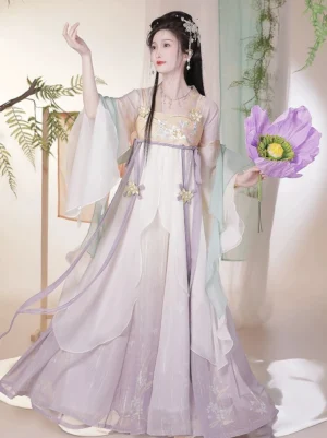 Front view of purple lavender gradient Tang Dynasty Hanfu dress with embroidered cyan chest panel, golden floral ornaments, and flowing chiffon layers