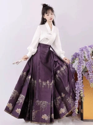 Purple Ming-style mamianqun Hanfu set shown from the side with pleated horse face skirt, matching waist sash, and golden wisteria floral decoration