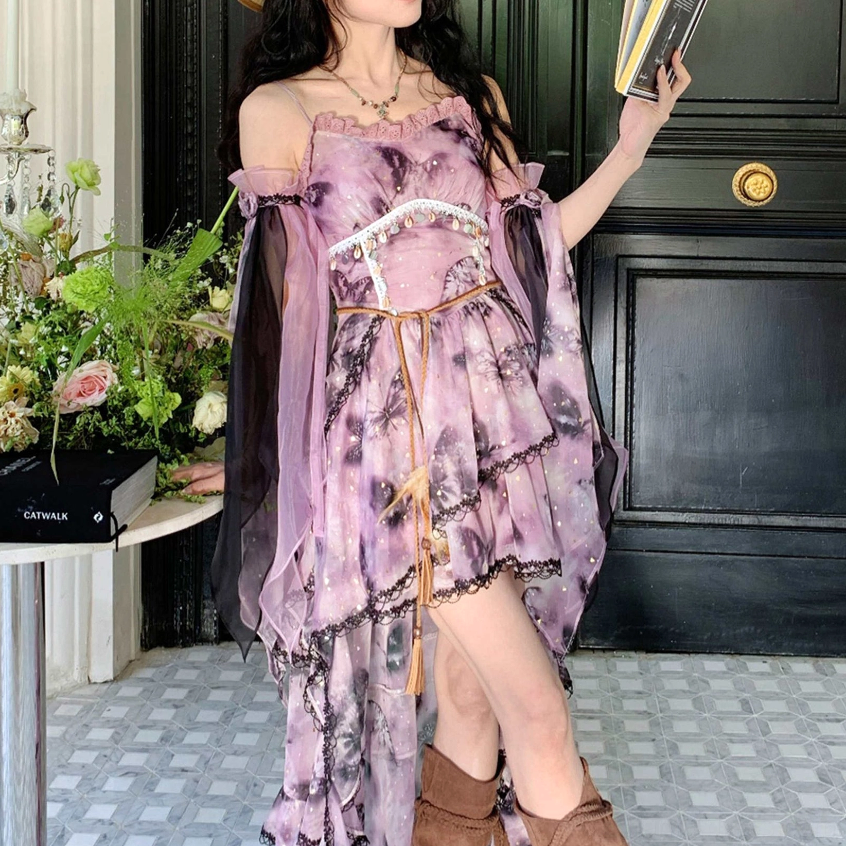 Back three-quarter view of a purple modern Chinese style Hanfu slip dress with corset bodice, sheer contrast sleeves, ruffled high-low hem, and ink-wash print