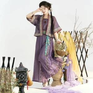 Purple modern Hanfu outfit with flowing wide-leg trousers, decorative cardigan, green patterned waist sash, and traditional-inspired styling