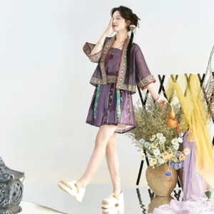 Purple modern Song Dynasty Hanfu casual set with sheer half-sleeve cardigan, embroidered trim, camisole, and short bottoms shown in a rustic studio