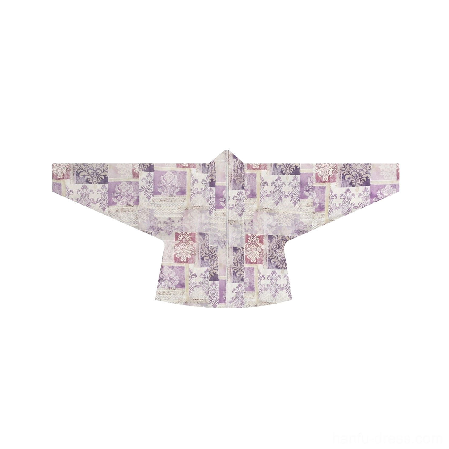 Flat lay of a purple vintage patchwork print Hanfu cardigan with traditional-inspired cross collar and wide winged sleeves
