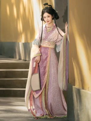 Purple and pink Wei Jin Dynasty Qiyao Ruqun Hanfu set with embroidered texture waist sash and silk round fan on traditional Chinese stairs