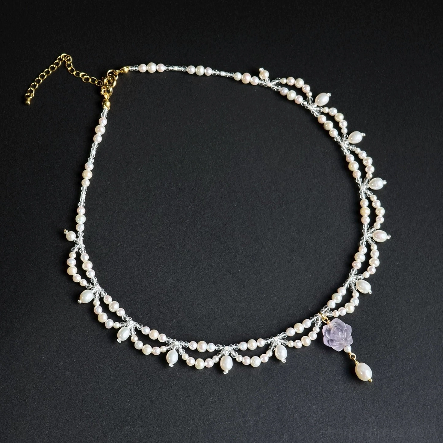 Purple rose freshwater pearl Hanfu yingluo choker necklace with gold toned adjustable extension chain on black background
