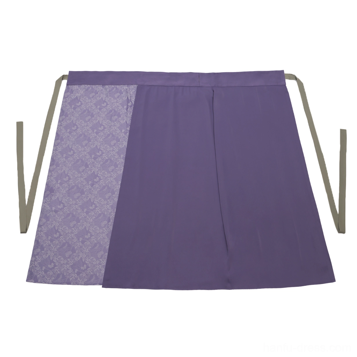 Two-tone purple Song Dynasty Hanfu spiral wrap skirt with jacquard panel and sage green waist ties flat lay