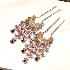 Matching view of a purple tassel Chinese Hanfu hairpin with gold double prongs, gradient imitation pearls, teardrop pendants, and delicate hanging chains