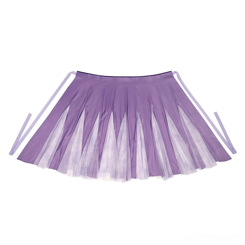 Purple ten-panel Hanfu wrap skirt with pleated color-block panels, sheer tulle underlayer and side tie fastening straps