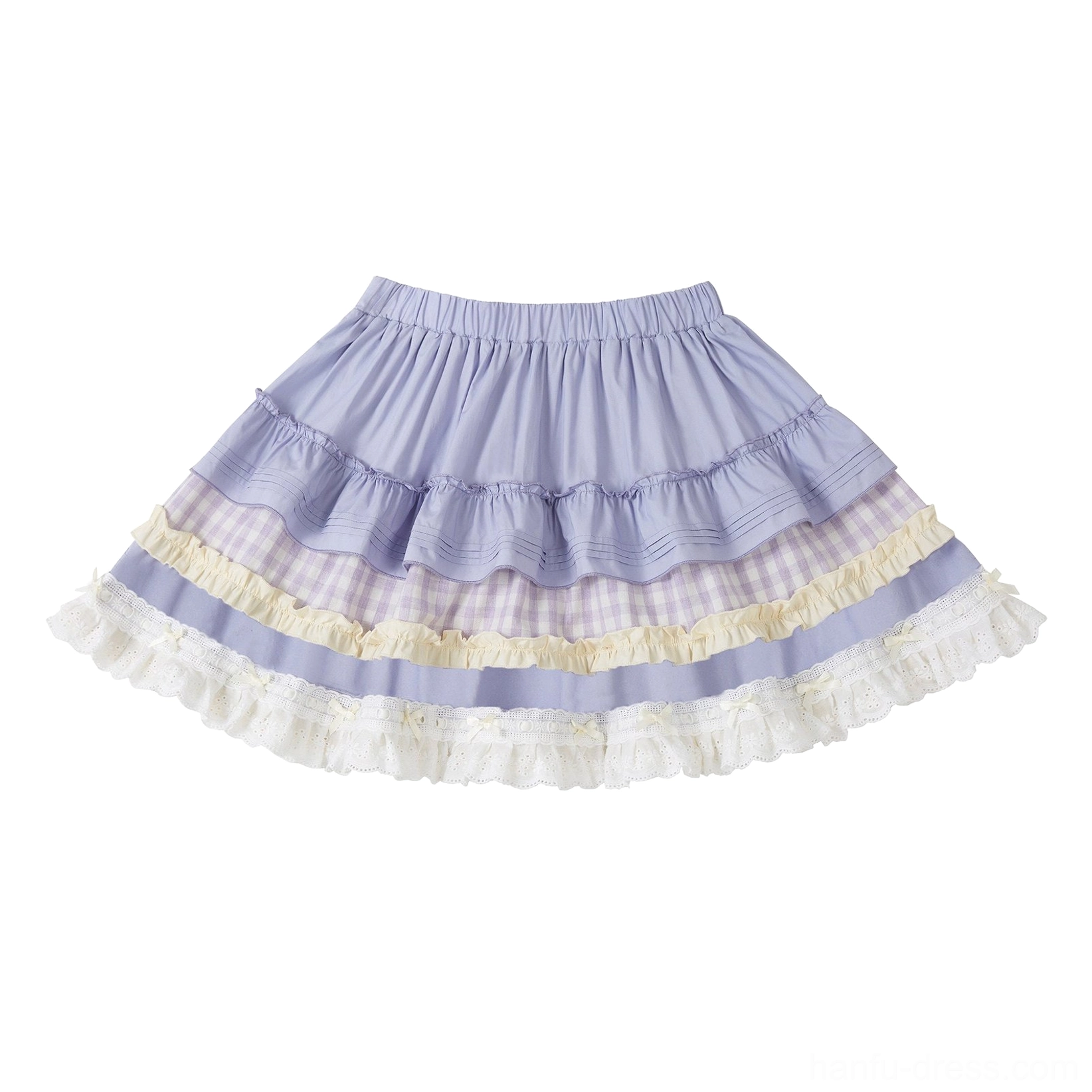 Side view of purple tiered Han Lolita skirt with elastic waist gingham accents and lace ruffle hem