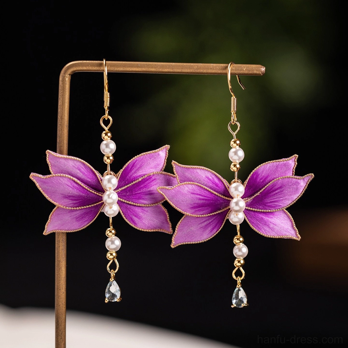 Purple velvet flower hook earrings with layered pearl centers gold tone hardware and delicate faceted teardrop charms