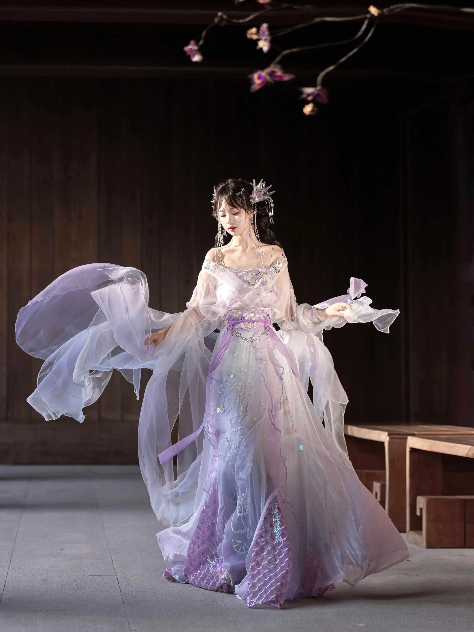 Purple Wei Jin Dynasty Qiyao Ruqun Hanfu full body view featuring an off shoulder V neck top sheer wide sleeves gradient skirt and matching waist sash