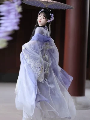 Back three-quarter view of a purple and white Tang Dynasty Hanfu Heziqun dress set with embroidered sheer robe, floral hair accessories, and traditional umbrella