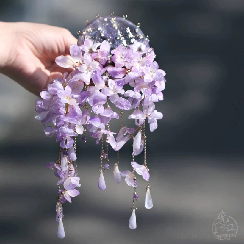 Purple wisteria Chinese hair stick with glittering dark fan-shaped backing, dense floral cluster, and multiple dangling crystal pendants