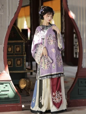Light purple Qing Dynasty Han women's embroidered blouse styled with an ivory mamian skirt, wide sleeves, floral motifs, and traditional Chinese palace archway setting