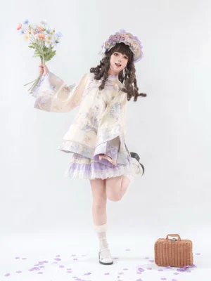 Qing Dynasty clothing inspired Han Lolita outfit with embroidered stand-collar top and purple ruffle skirt