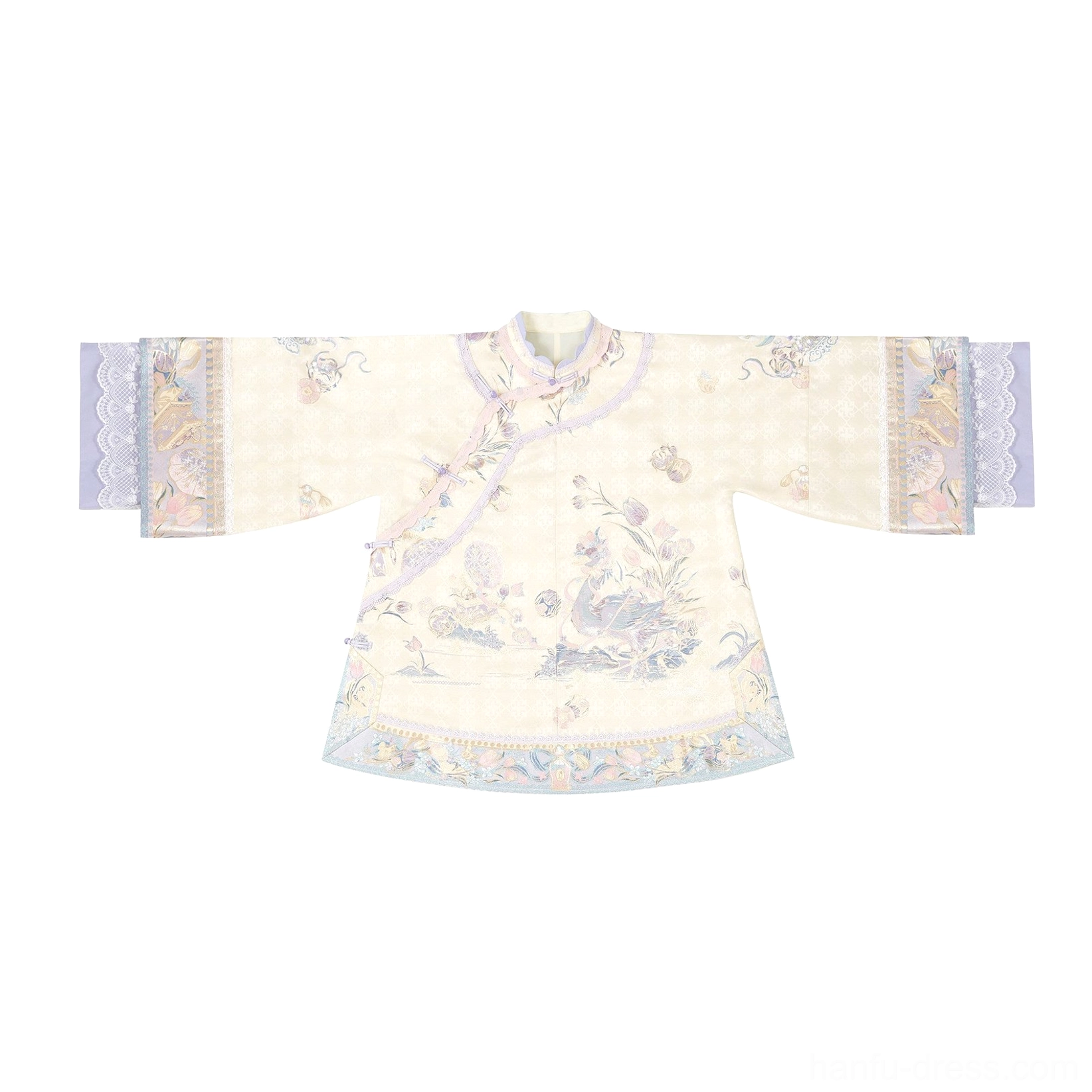 Standalone beige Qing-inspired Han Lolita top with floral embroidery purple stand collar and wide sleeves