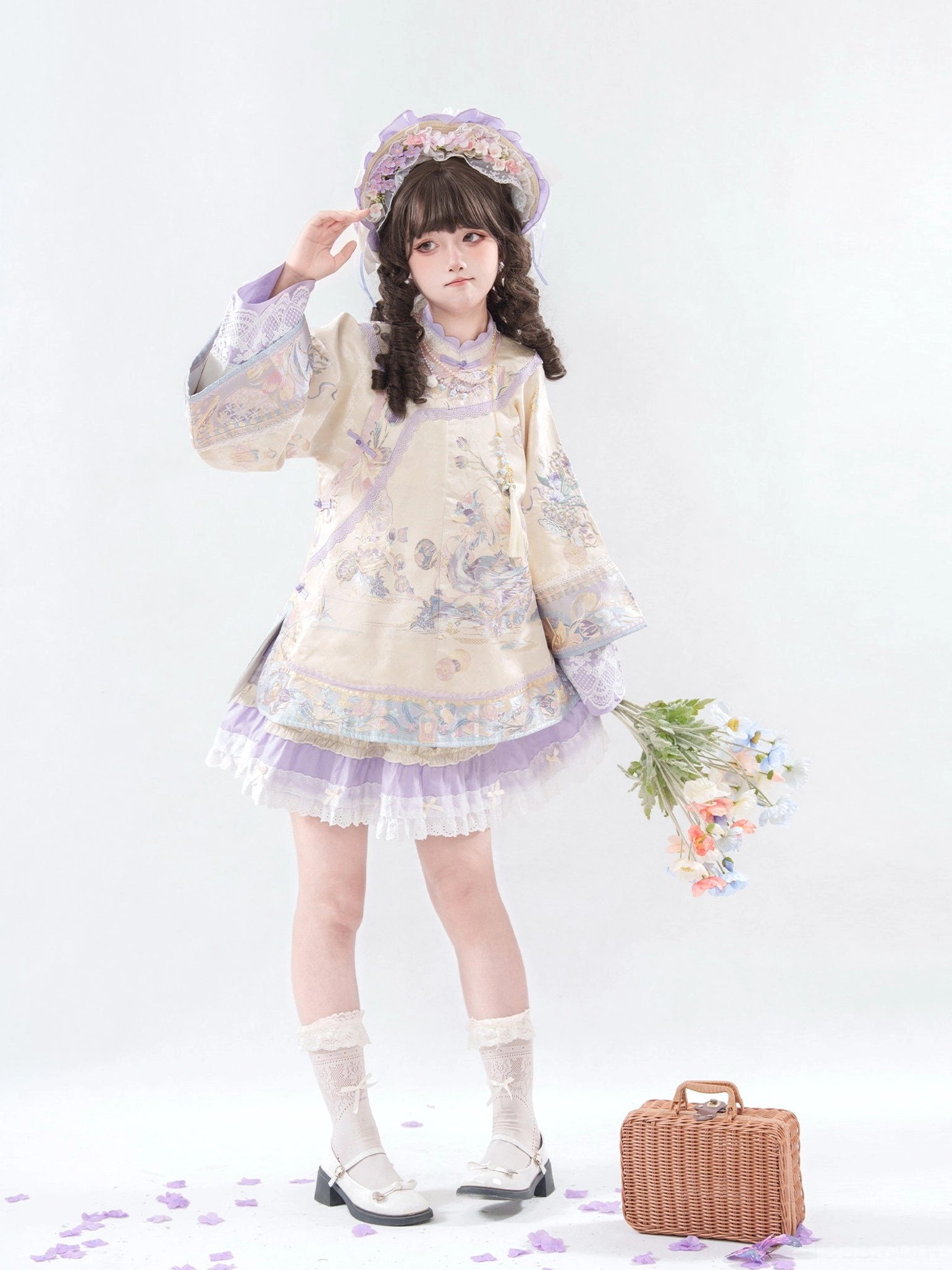 Front view of Qing-inspired Han Lolita embroidered blouse and long purple layered skirt with lace trim