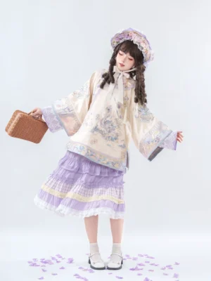 Qing-inspired Han Lolita embroidered top and long layered purple skirt side view in a white studio