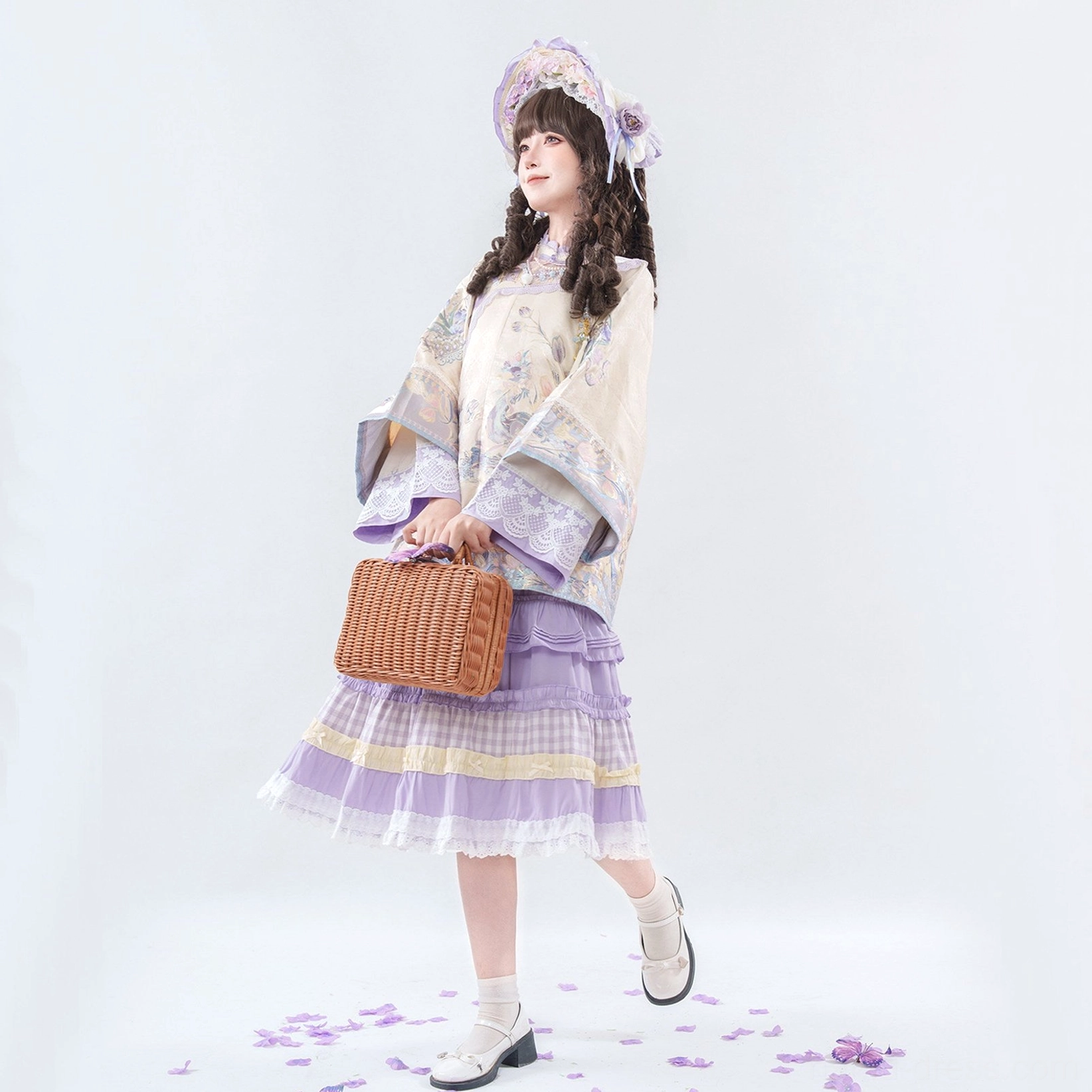 Qing-inspired Han Lolita embroidered top and long layered skirt set in beige and dusty purple