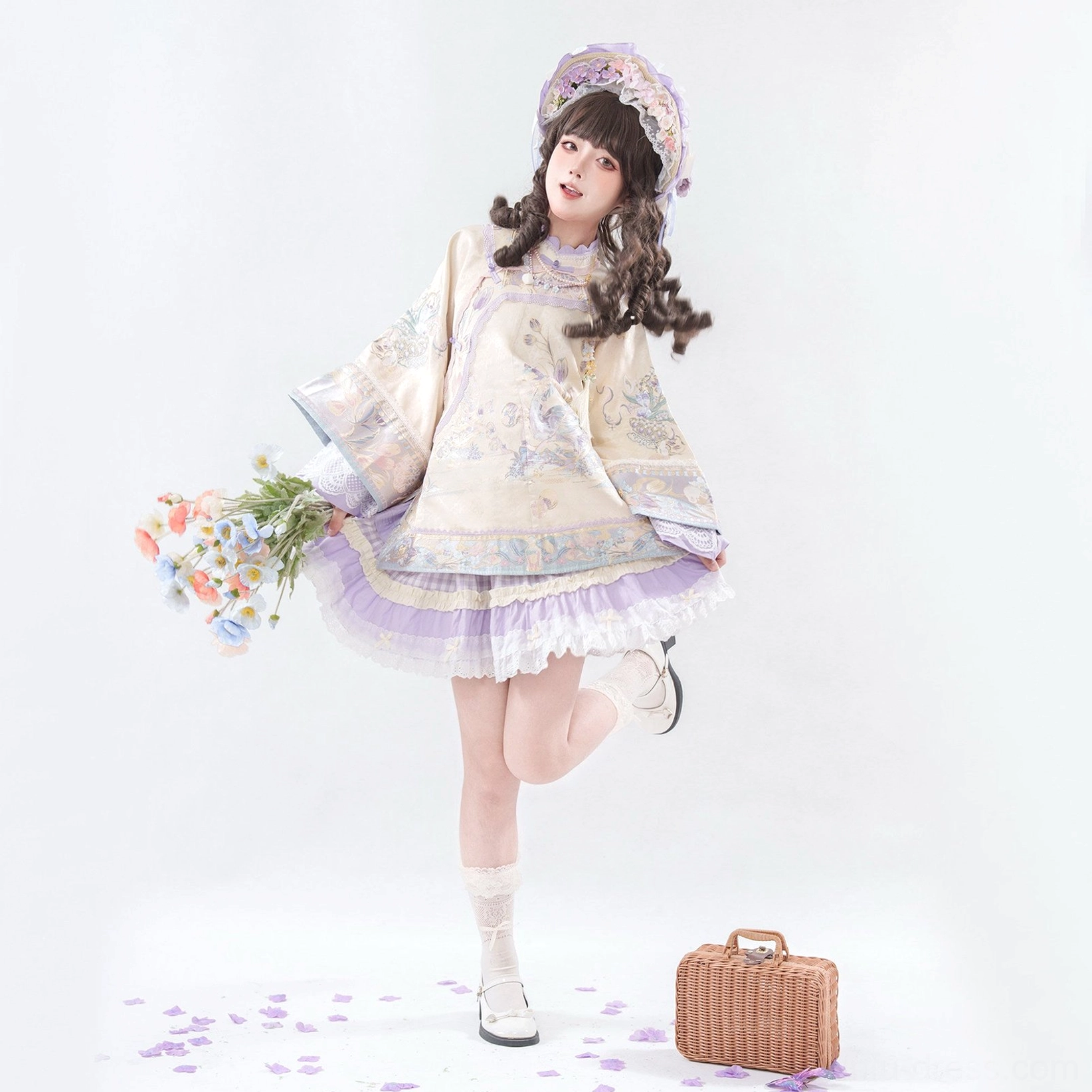 Qing-inspired Han Lolita short skirt set with embroidered beige top and purple layered ruffle skirt