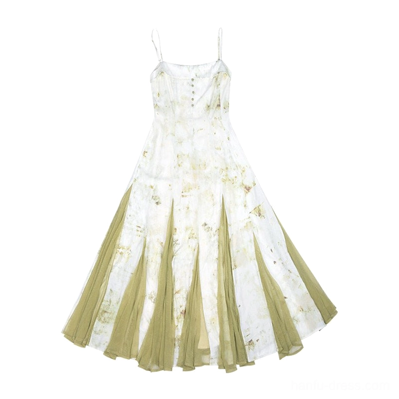 Qingyuan botanical tie-dye swing dress flat lay with square neckline slim straps button detail and sage green A-line maxi skirt