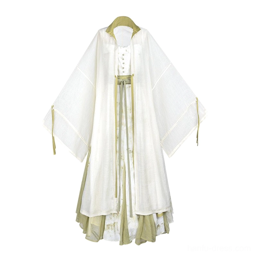 Qingyuan full length sheer Hanfu outer robe flat lay with sage green waist sash layered hem and oversized wide sleeves