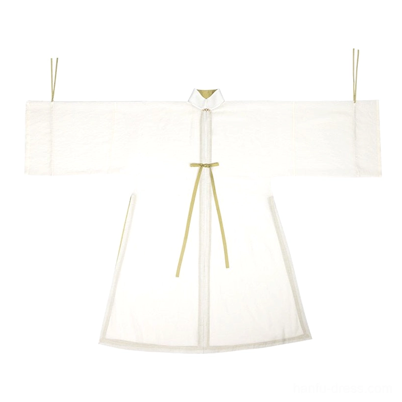 Qingyuan off-white sheer modern Hanfu outer robe flat lay with stand collar sage green ribbon tie and wide flowing sleeves
