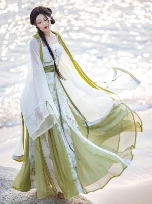 Qingyuan sage green and ivory modern Hanfu set with square-neck tie-dye dress and flowing sheer outer robe front view