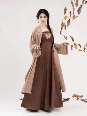 Qiuju modern Tang Dynasty Hanfu slip dress set with camel cardigan and dark brown chrysanthemum embroidered dress styled for autumn