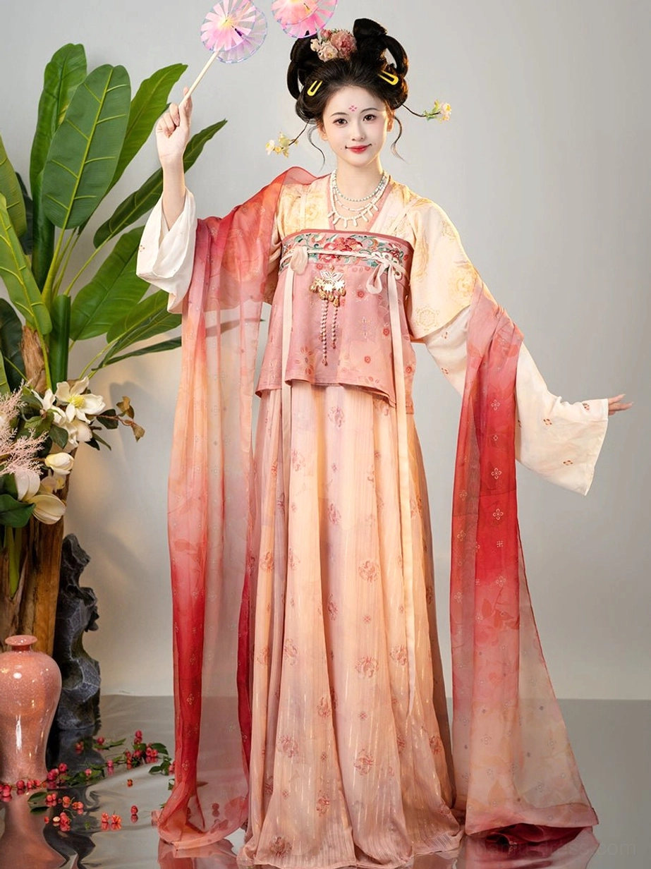 Qiuli floral Tang Dynasty Hanfu Qixiong Ruqun three quarter view with cream yellow wrap top embroidered chest panel and red shawl