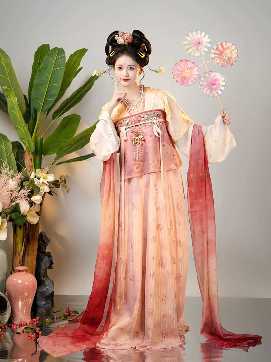 Qiuli Tang Dynasty historical inspired Qixiong Ruqun Hanfu with warm floral print gradient skirt embroidered bodice and red shawl