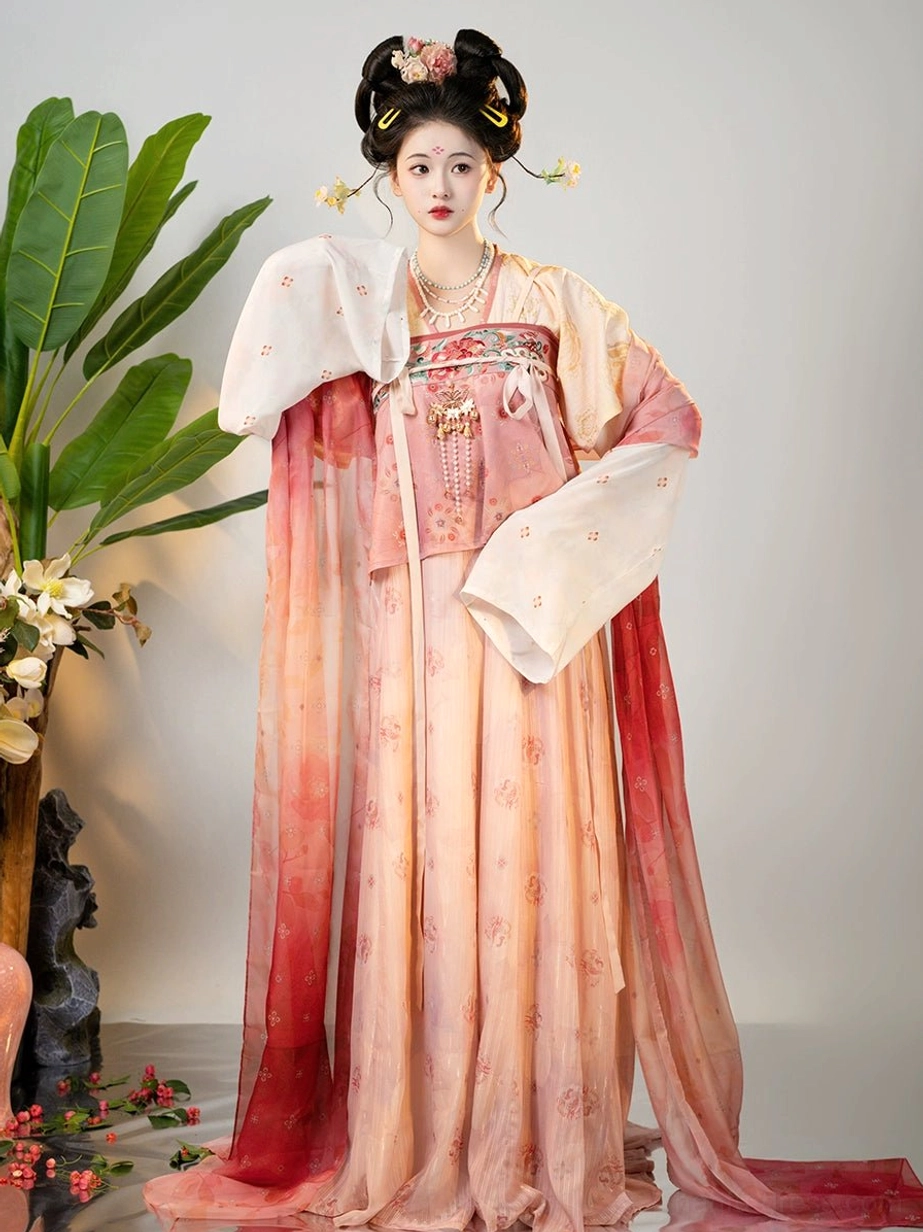 Tang Dynasty Qixiong Ruqun Hanfu layered floral gradient dress with draped red shawl and delicate metal chest pendant