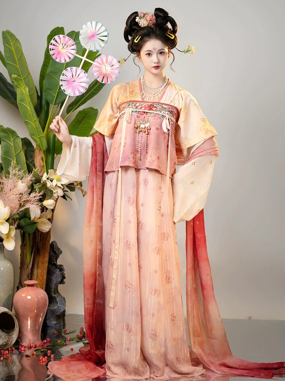 Qiuli Tang Dynasty Qixiong Ruqun Hanfu complete set front view with pink yellow floral gradient skirt and red flowing shawl