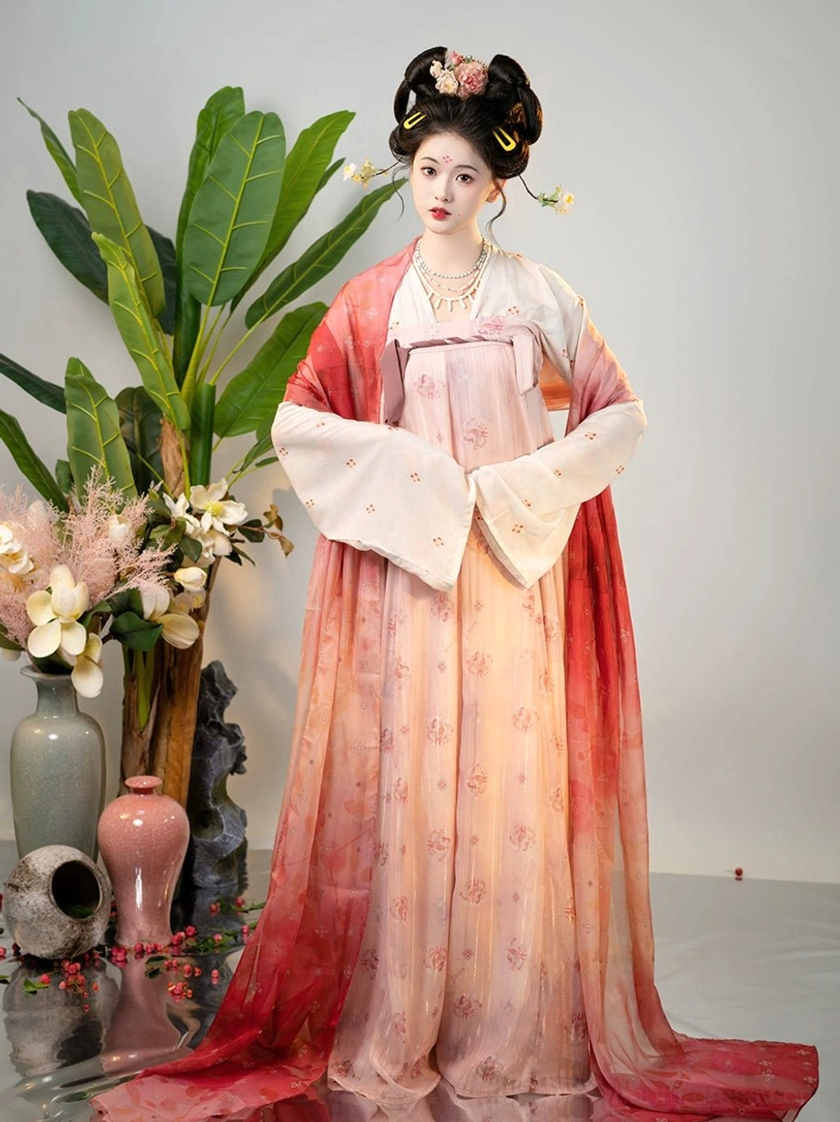 Tang Dynasty inspired Qixiong Ruqun Hanfu front portrait featuring white wide sleeves pink red gradient skirt and chest ornament