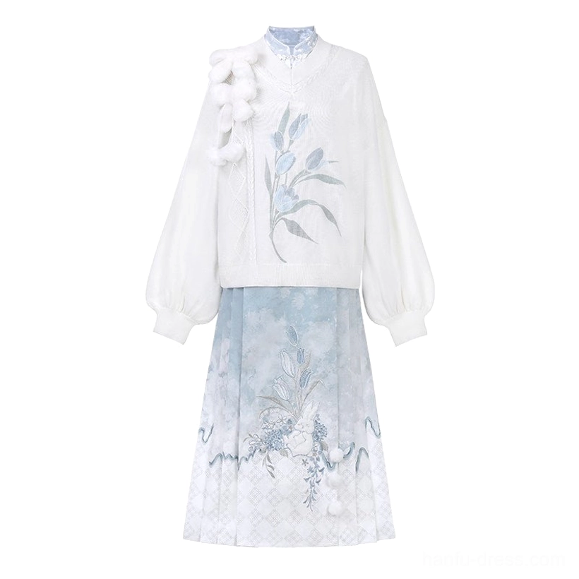 Flat lay of rabbit cloud modern Hanfu full set with white sweater decorative pom poms and blue Mamianqun horse face skirt