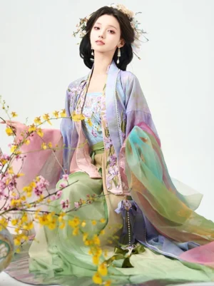 Rainbow Iris Song Dynasty Hanfu Qiyao Ruqun set shown from a front three-quarter sitting view with pastel purple pink blue and green gradient layers floral embroidery and flowing sheer sleeves