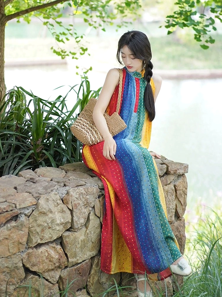 Side view of a woman wearing a colorful rainbow modern Hanfu maxi dress with halter stand collar, vertical polka dot stripes, flowing floor-length shape, and woven straw handbag beside a lakeside terrace