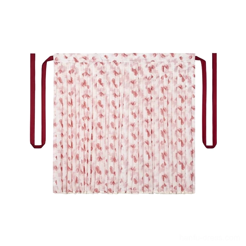 Flat-lay view of the high-waisted raspberry-print pleated wrap skirt with flowing panels and long wine-red waist sashes