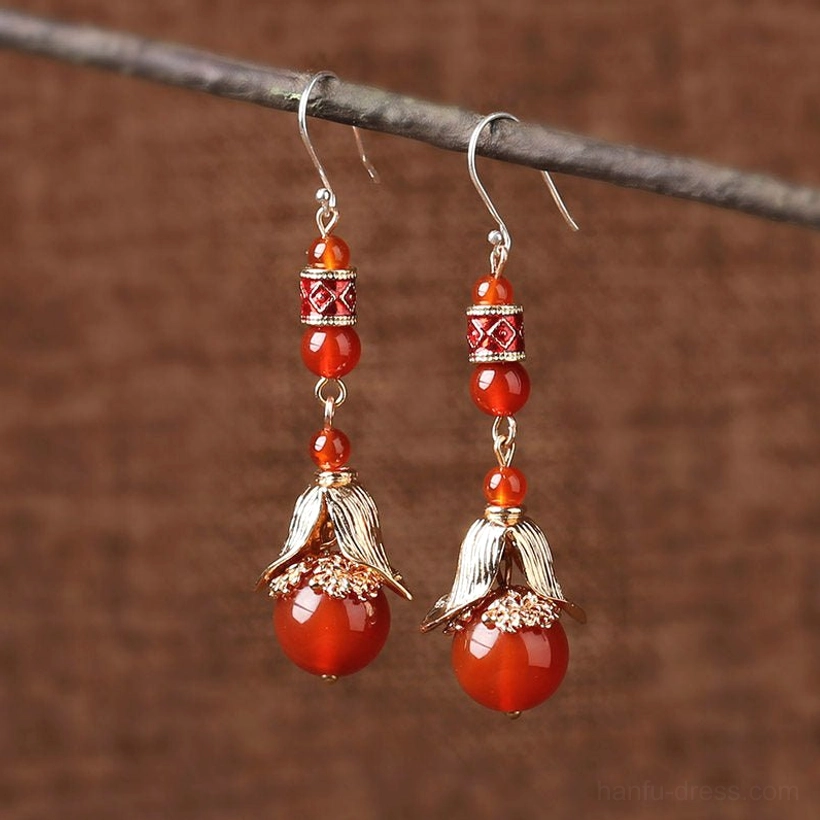 Red agate Chinese dangling hook earrings with 925 silver hook option, gold flower bead caps, and enamel-patterned spacers