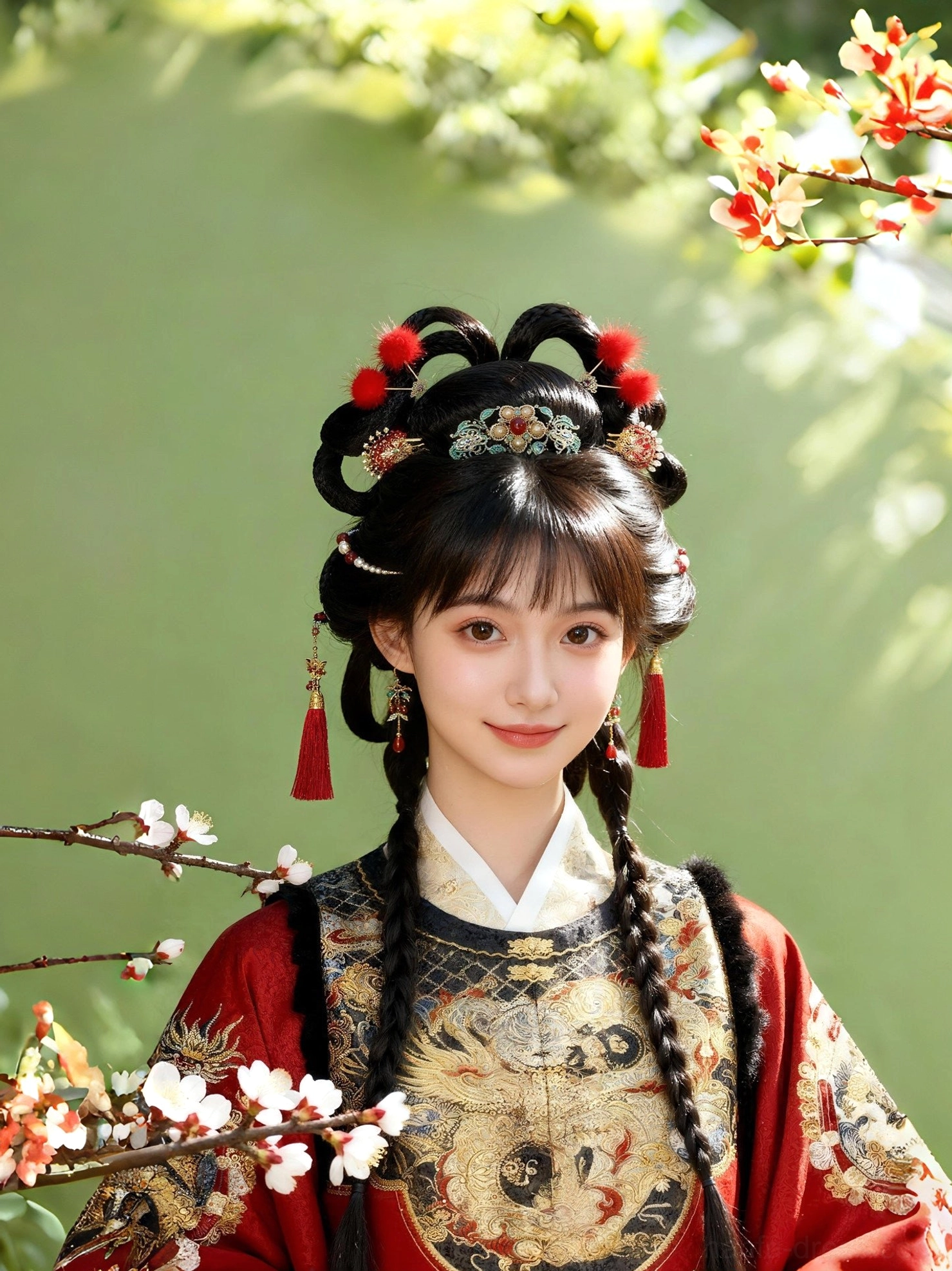 Model wearing red agate Chinese drop earrings with traditional Hanfu hairstyle and elegant garden inspired styling