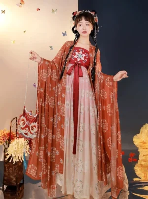 Three-quarter view of red beige Tang style Hanfu Heziqun dress with flowing wide sleeves and floral circular print outer coat