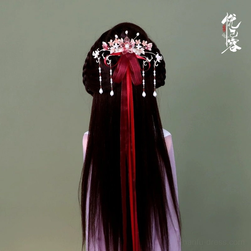 Red Chinese hanfu hair ornament with deep red streamer, pink-red flowers, and dangling crystal tassel pendants